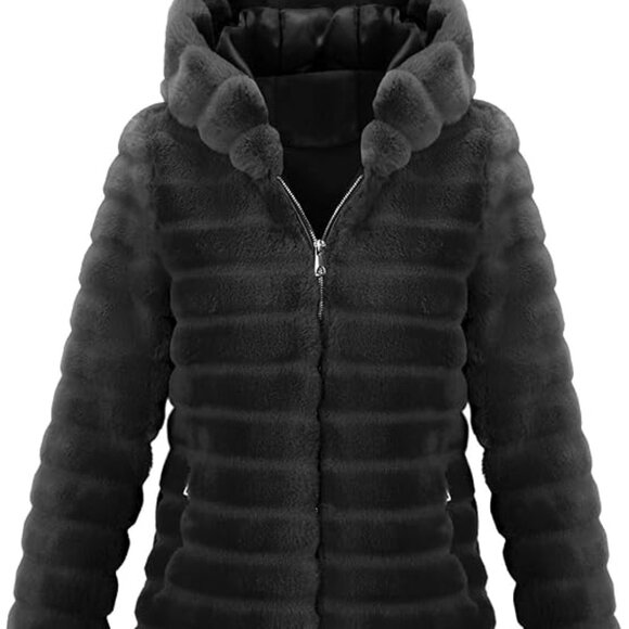 Black Faux Fur Coat with Hood Size L - Picture 1 of 3